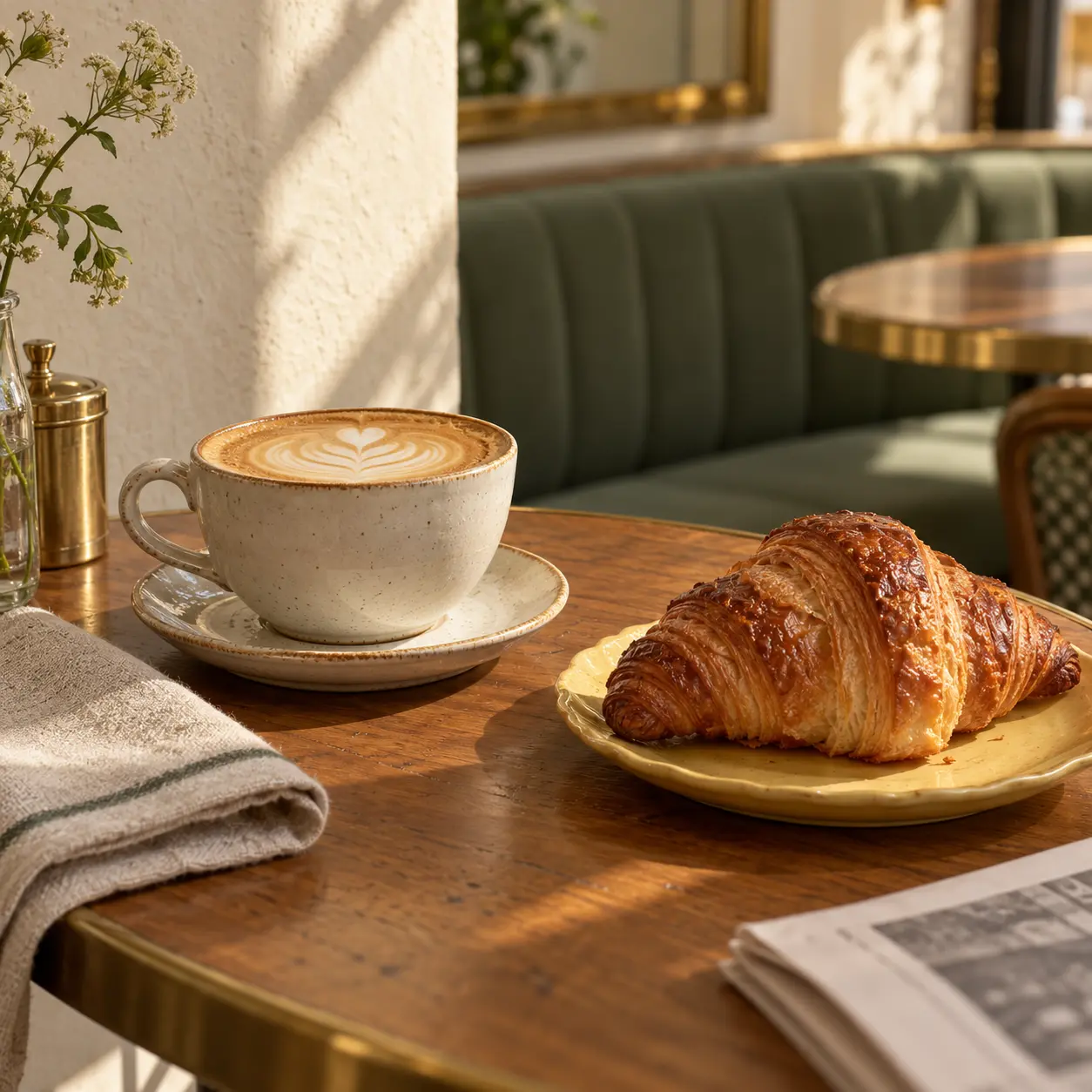 Cappuccino et croissant servis sur une table en bois chez Lune