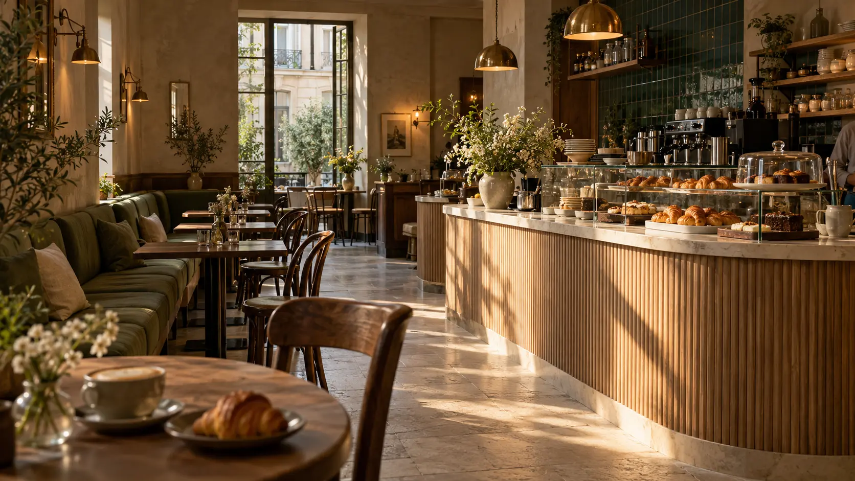 Salle lumineuse du café Lune, banquette vert sauge et comptoir en bois