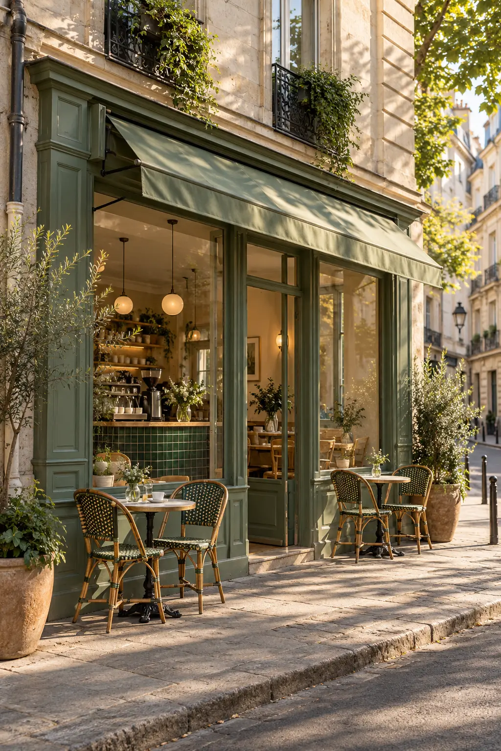 Façade vert sauge du café Lune sur une rue parisienne ensoleillée
